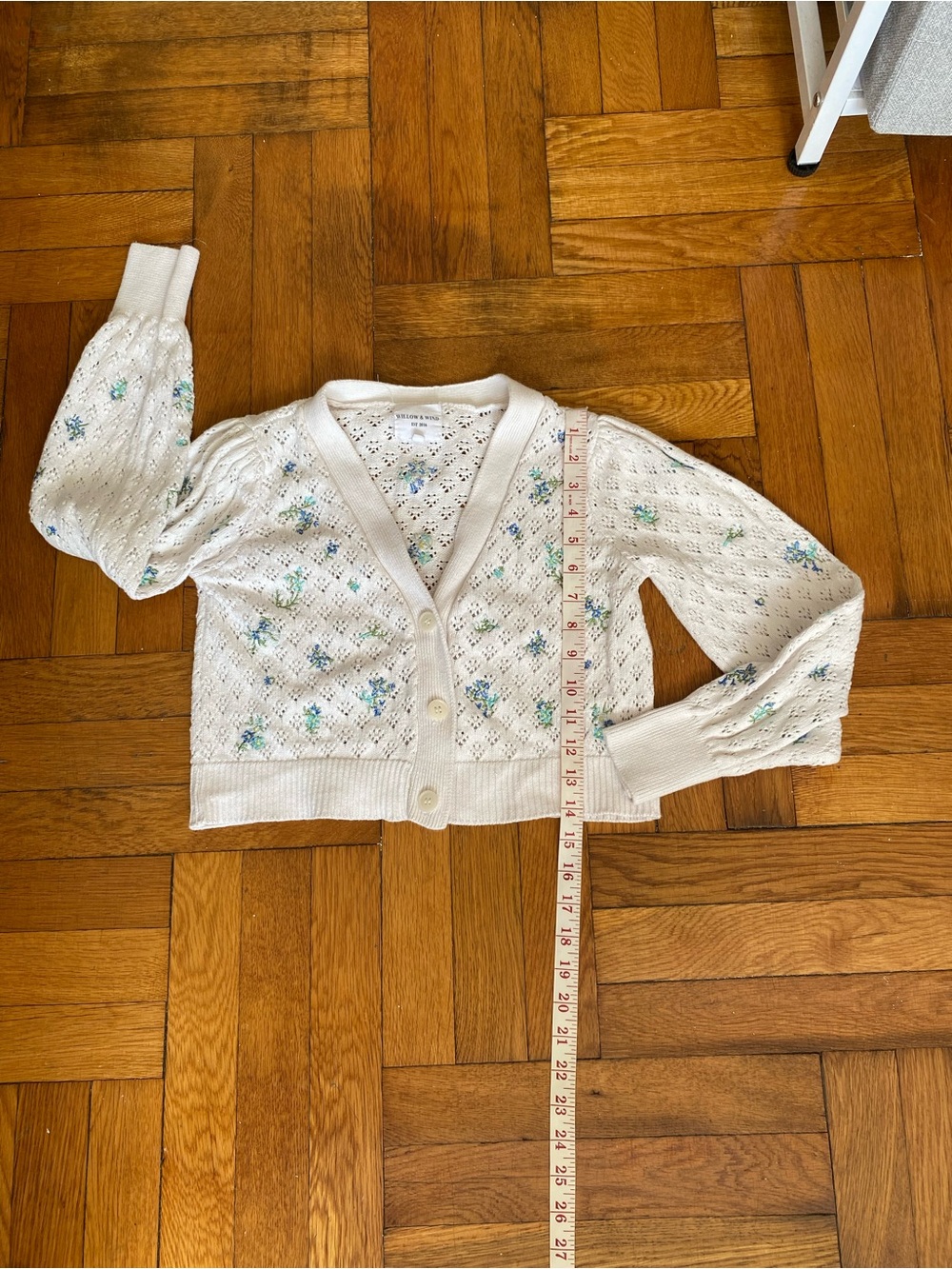 Willow & Wind Floral Embroidered Pointelle Knit Cardigan White Cotton Small